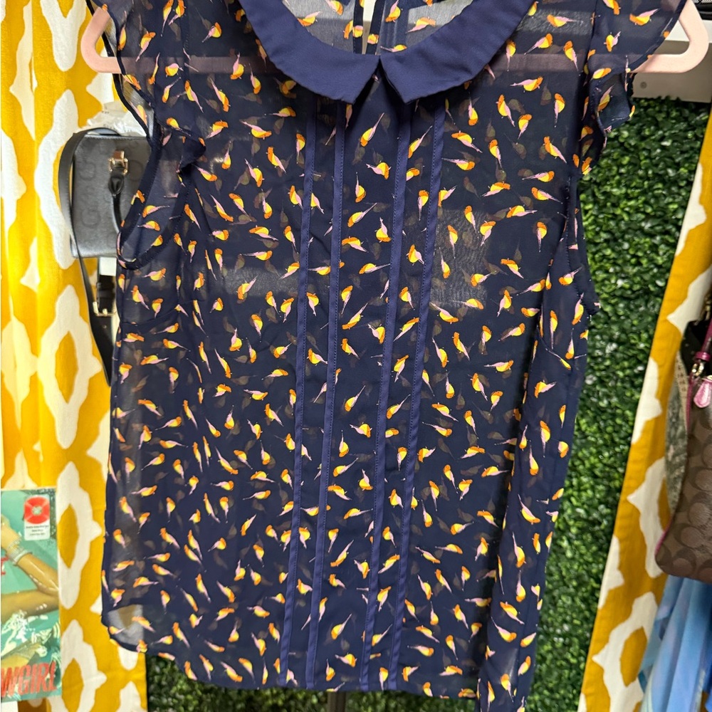 Navy Sheer Blouse with Orange Bird Print